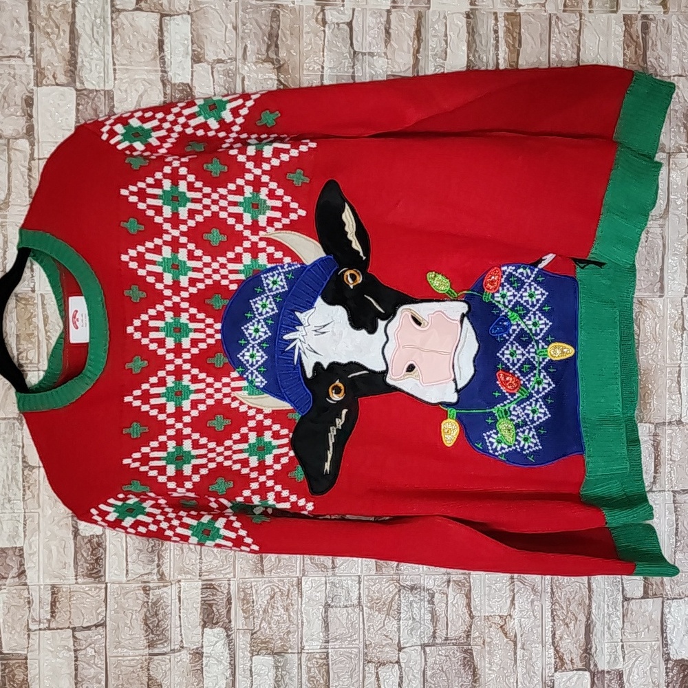 Holiday Time Men's Light Up Cow Ugly Christmas Sweater Red Green Blue